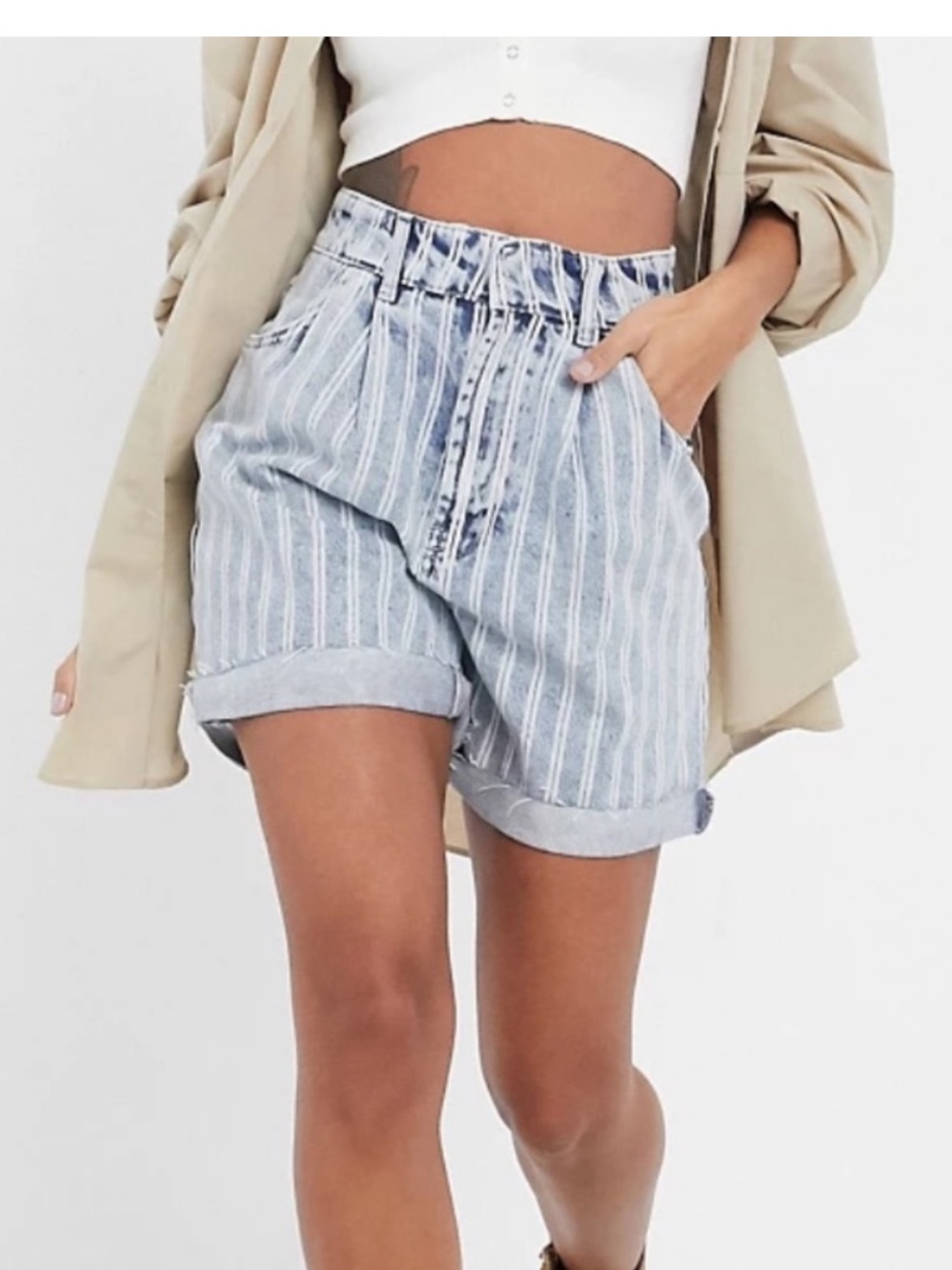 Free People High-Waist Striped Denim Shorts - Light Blue 28